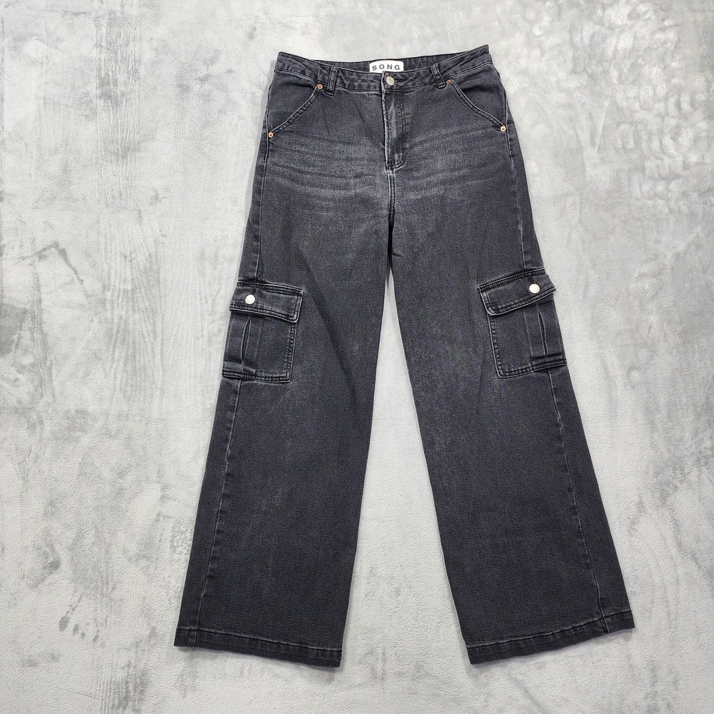 S.O.N.G.‎ Jeans Womens 9/29 Black Faded High Rise Wide Leg Cargo Stretch Denim
